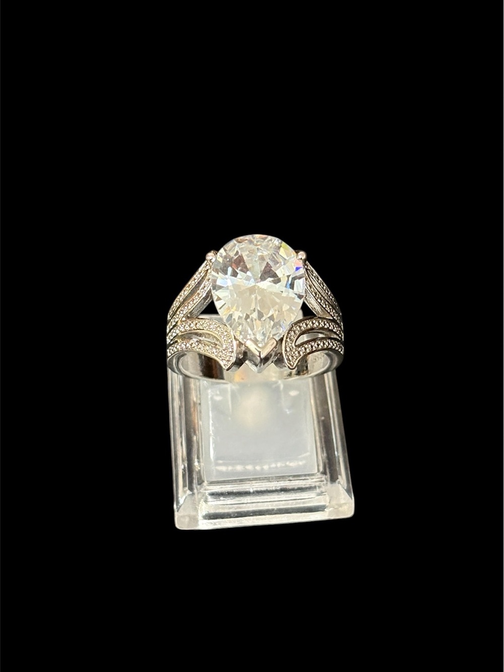 Crystal Teardrop Statement Ring - Silver